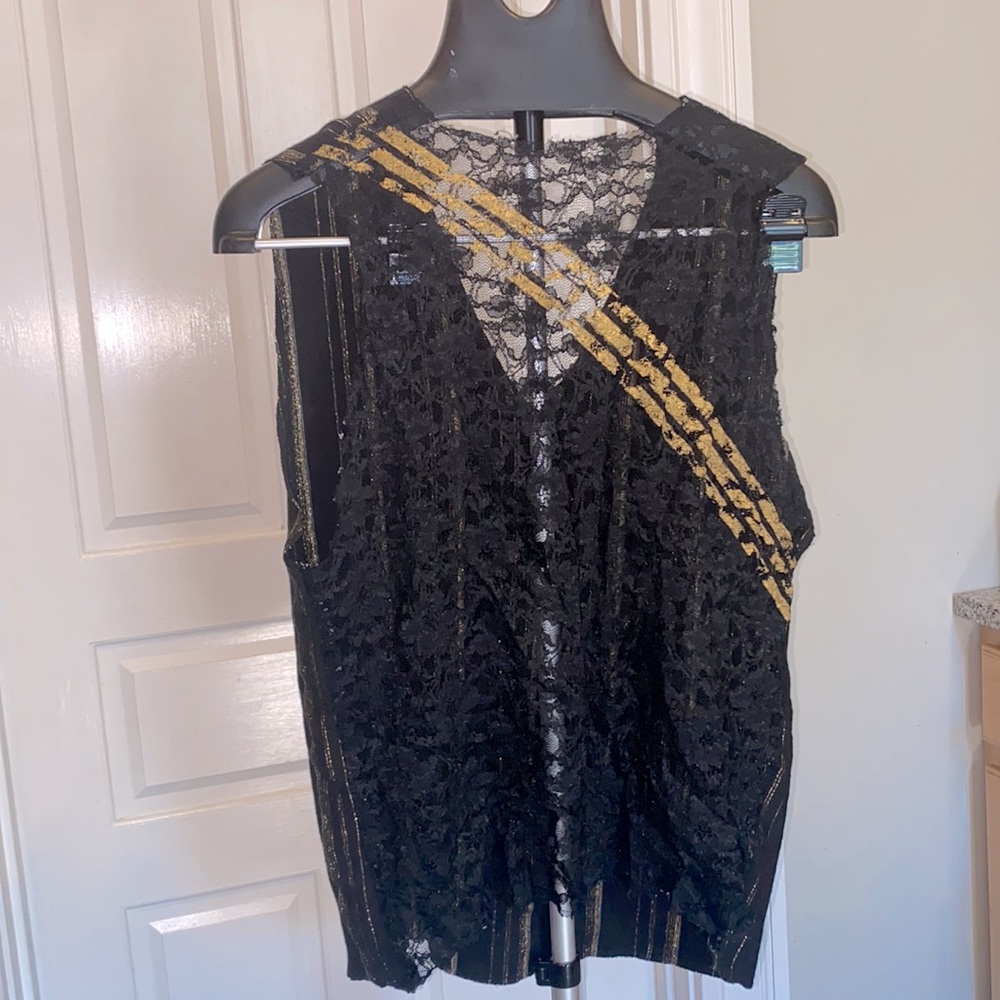 Heatherette Couture Runway handmade painted Lace back & Metallic striped jersey